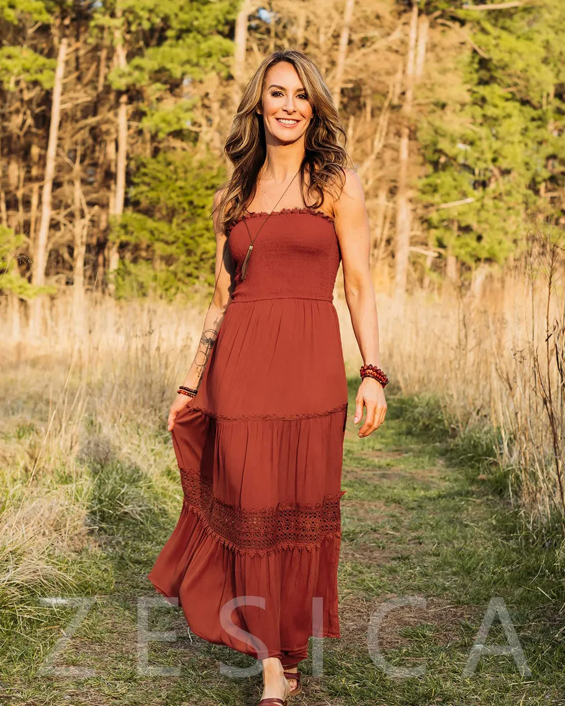ZESICA Bohemian Strapless Lace Trim Backless Maxi Dress
